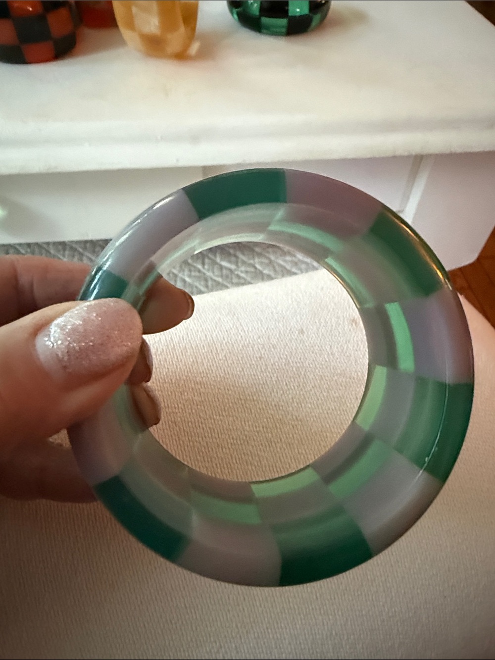 Antique Handcrafted Green and Lavender Checkered Lucite Bangle - Unbranded